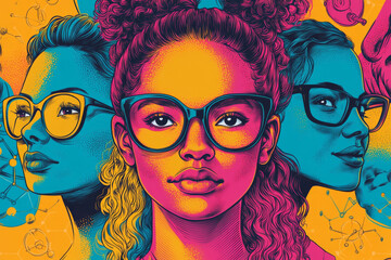 Sticker - A girl with glasses is the center of a colorful poster