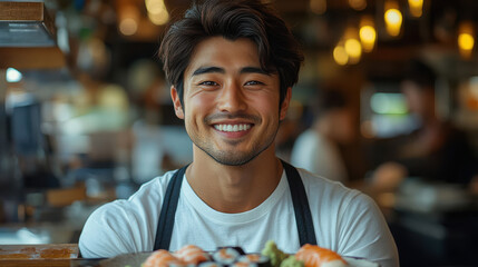 Smiling young man with dark hair, casual white t-shirt, standing in a vibrant restaurant. Close-up portrait, confident male chef, happy, professional, friendly atmosphere, culinary, indoors, modern.