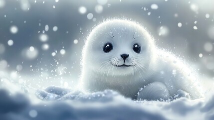 Wall Mural -   A baby seal in snow with snowflakes on its face and a snowflake in the background