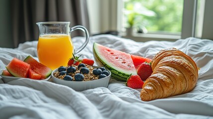 Canvas Print -  Breakfast includes croissants, watermelon, strawberries & a croissant on the bed