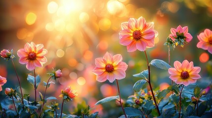 Poster -   A field filled with pink flowers under bright sunlight, with trees visible in the background of the photo