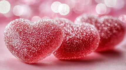 Poster -   Close-up of two heart-shaped candies on pink surface with soft focus background