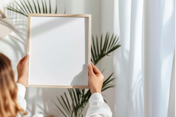 Wall Mural - Frame mockup in hands, home interior frame mockup for wall art, poster mockup, print mockup