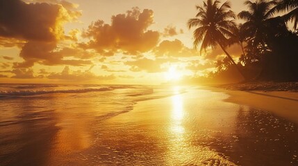 Wall Mural -  A tropical beach with palm trees in the foreground and the ocean in the background as the sun sets