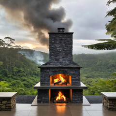 Brick and stone fireplace in rain forest vacation resort 