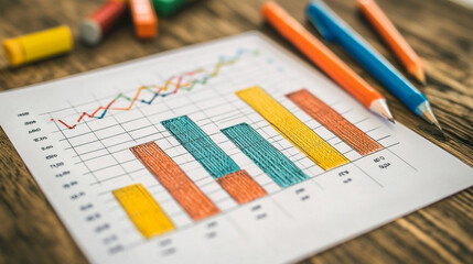 Illustration of business graphs and statistics on paper document 