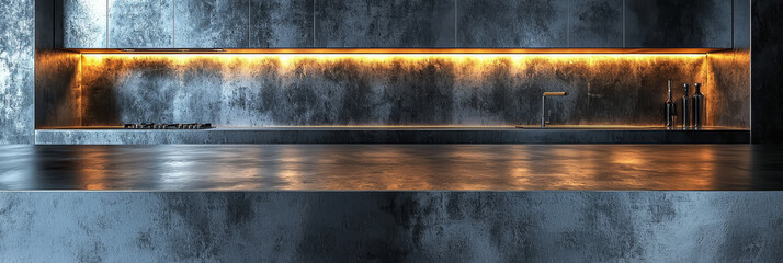 Poster - Modern kitchen countertop with warm lighting, perfect for product display.