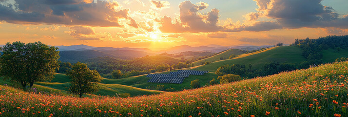 Poster - Golden hour illuminates a field of wildflowers in a picturesque landscape with a solar farm in the distance.