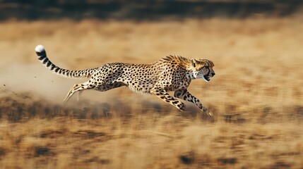 Wall Mural -   A cheetah sprints through golden grass fields, dust swirling around its lean form