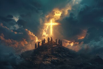 Wall Mural - A group of people are standing on a mountain with a cross in the sky