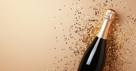 Wall Mural - champagne bottle and gold confetti on a beige background, with space for text banner with copy space Generative AI