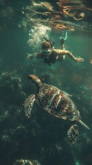 Wall Mural - A man and a turtle are swimming together in the ocean