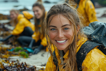 Sticker - A group of volunteers smiling as they clean up a beach, finding fulfillment in giving back. Concept of community service. Generative Ai.