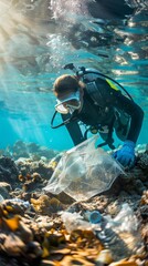 Wall Mural - A woman is diving underwater and picking up trash