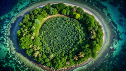 Aerial view of a tropical island with lush greenery and sandy shores surrounded by clear waters