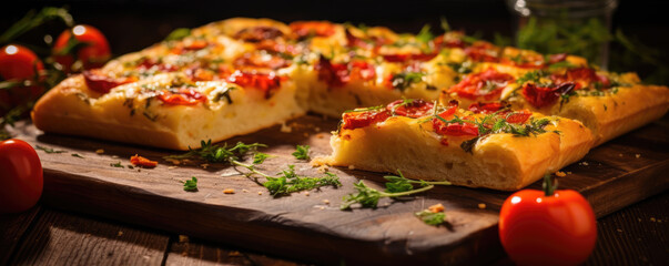 Traditional italian focaccia bread with tomatoes rosemary, basil. on wooden table.