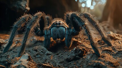Wall Mural -   A close-up of a spider on the ground with a blurry background behind it and a tree in the distance