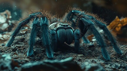 Wall Mural -   A large blue spider rests atop a mound of dirt beside a lush, verdant plant brimming with soil