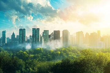 modern cityscape with buildings and green spaces, an overlay of protective ozone layer graphic on sky, the balance between urban development and environmental protection, clear and bright atmosphere