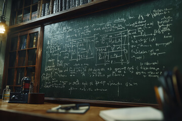 Poster - A chalkboard covered in equations, showcasing the complexity and beauty of mathematics. Concept of education. Generative Ai.