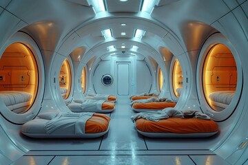 Wall Mural - a space shuttle with orange beds and white walls