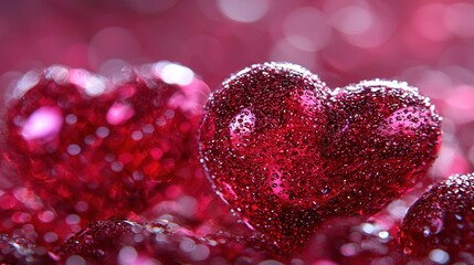   A pair of red hearts resting on a pink and red glitter pile