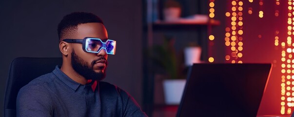 Coder analyzing efficiency, holographic tools, modern tech office, dark setting
