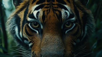 Wall Mural -   Close-up of a tiger's face surrounded by green foliage against a blue backdrop