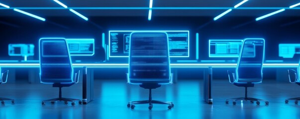 coding efficiency, holographic tools, modern tech office, blue neon elements