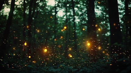   A forest brimming with countless yellow fireflies soar through the sky above another dense forest of yellow fireflies