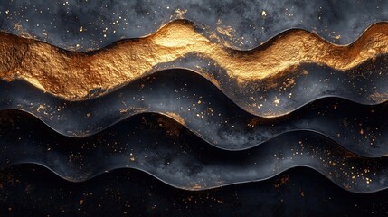 A flowing wave of gold stretches across a dark, textured surface in this abstract design.