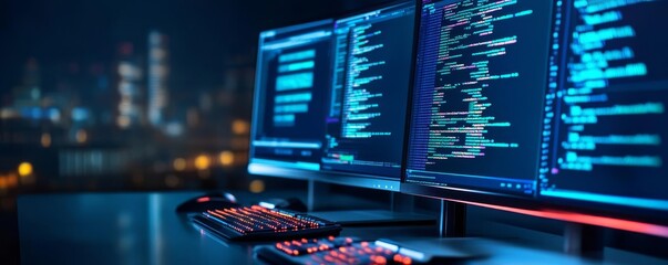 Coding with performance tools, virtual screens, modern tech office, dark tones