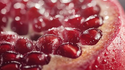 Wall Mural -   A close-up of a pomegranate with droplets of water on its surface