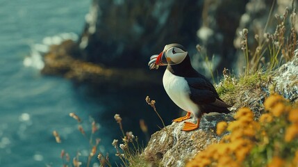 Canvas Print -   A bird perched atop a cliff, overlooking a serene body of water below