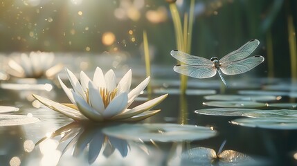   Dragonfly perched atop white flower in pond with lily pad background