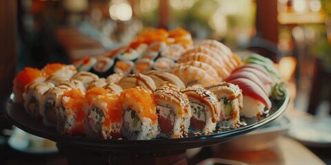 Wall Mural - Assorted sushi rolls on a platter