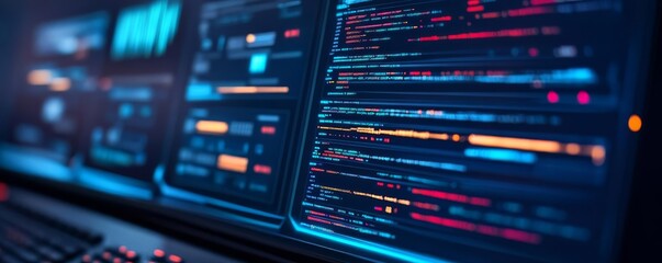 Futuristic coder, performance monitoring, holographic interface, blue and dark theme