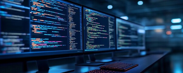 Futuristic coder, performance monitoring, holographic interface, blue and dark theme