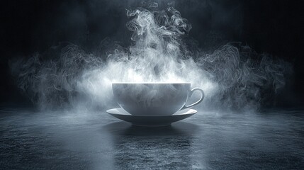 Wall Mural -   A steaming cup rests on a saucer amidst a gloomy space, emitting wisps of smoke