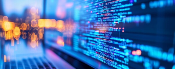 Hologram coder, performance data analysis, advanced tech lab, blue tones
