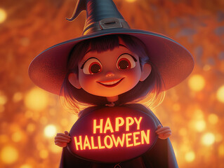 Poster - Happy Halloween card design with funny witch character