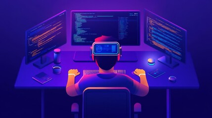 programmer with augmented reality, coding efficiency, high-tech office setup