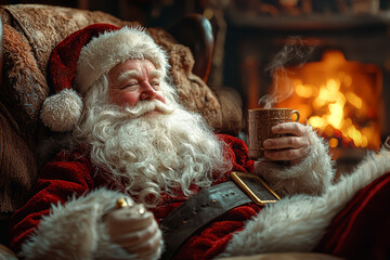 Wall Mural - Santa Claus enjoying a warm cup of cocoa by a crackling fire after a long night of delivering gifts. Concept of holiday relaxation and festive traditions.