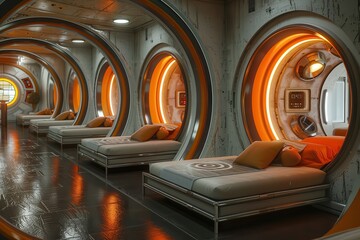 Wall Mural - A futuristic space station with orange walls and beds