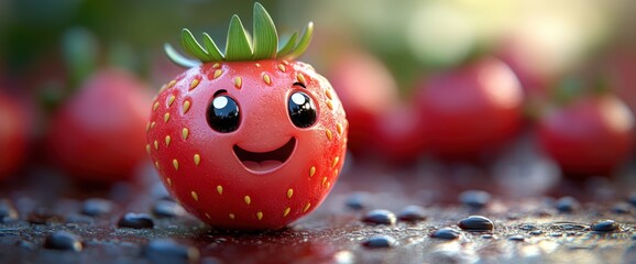 A cartoon strawberry with a big smile sits on a table, with other strawberries behind it out of focus.