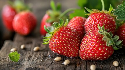 Wall Mural -   A cluster of red strawberries atop a wooden table amidst green foliage plants