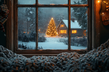 Sticker - A snowy cottage with a warmly lit Christmas tree visible through the window. Concept of cozy holiday scenes and festive decorations.