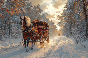 Poster - A snowy landscape with a horse-drawn sleigh, bells jingling as it glides through the snow. Concept of winter wonderland and holiday nostalgia.