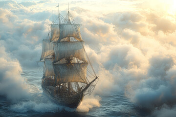 Wall Mural - A ship sailing through the clouds, its sails billowing in the wind. Concept of skybound adventures and fantasy exploration.