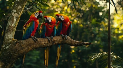 Wall Mural -   Three vibrant parrots resting on a tree limb amidst lush jungle foliage